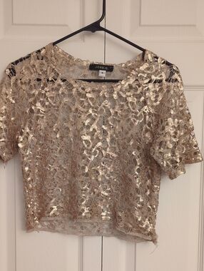Gold Sequin Lace Short Sleeve Top